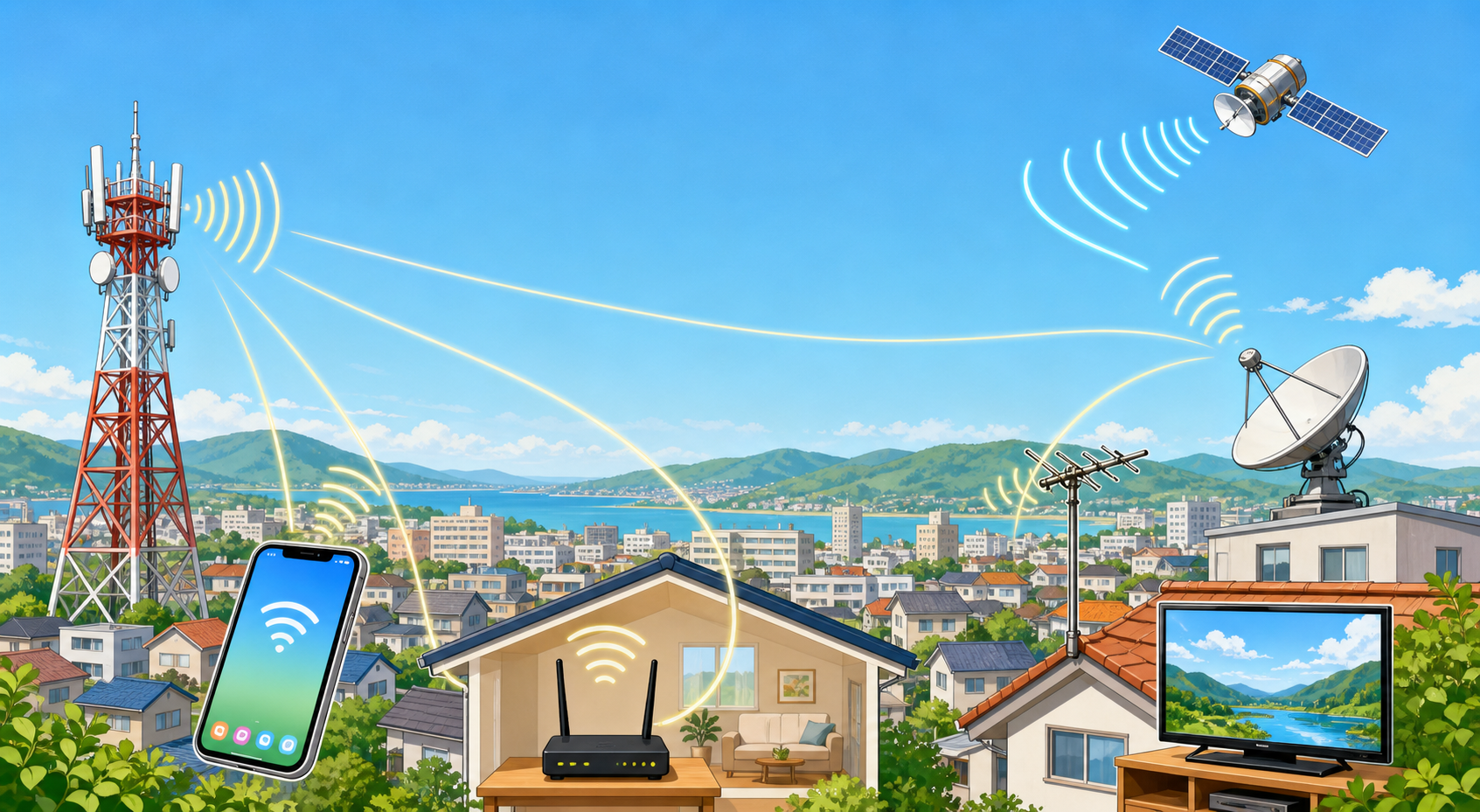 町の基地局、スマートフォン、Wi-Fi、テレビ、衛星が電波でつながる様子